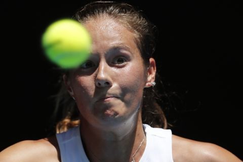 Russia's Daria Kasatkina makes a forehand return to during her first round singles match against Madison Keys of the U.S. at the Australian Open tennis championship in Melbourne, Australia, Tuesday, Jan. 21, 2020. (AP Photo/Andy Wong)
