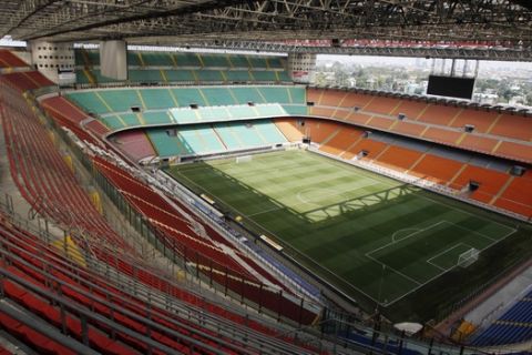 A view of an empty San Siro stadium in Milan, Friday, Aug.26, 2011. The start of the Serie A soccer season on Saturday will be delayed by a players' strike, Italian players association president Damiano Tommasi announced on Friday. All 20 Serie A captains signed a document this month threatening a strike if a new collective contract was not signed before the season, and weeks of negotiations produced no resolution. The main conflicts are over two clauses the clubs want, one that would allow them to force unwanted players to train away from the first team and another that would make players pay a new government solidarity tax that applies to high-wage earners. (AP Photo/Luca Bruno)