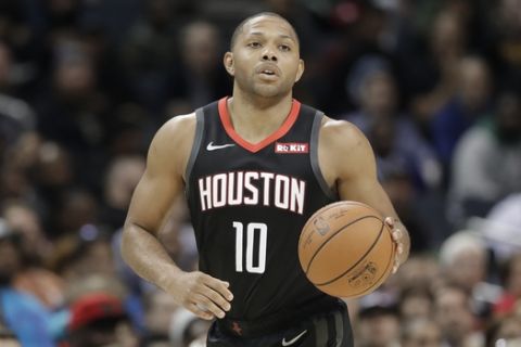 Houston Rockets' Eric Gordon (10) brings the ball up court against the Charlotte Hornets during the second half of an NBA basketball game in Charlotte, N.C., Wednesday, Feb. 27, 2019. (AP Photo/Chuck Burton)