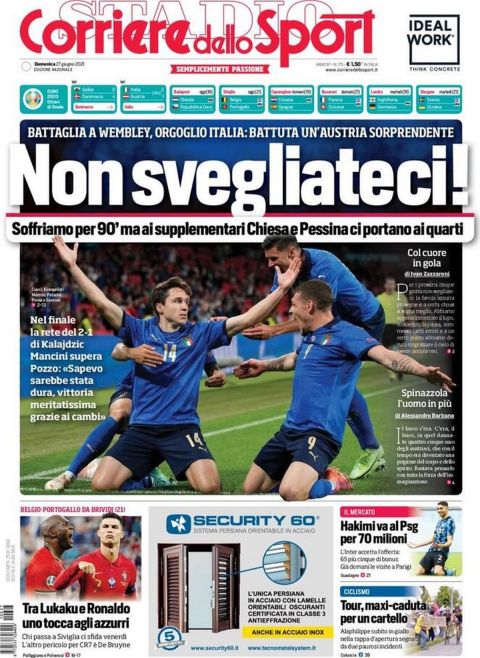 Το πρωτοσέλιδο της Corriere dello Sport για την πρόκριση της Ιταλίας στα προημιτελικά του Euro 2020 εις βάρος της Αυστρίας