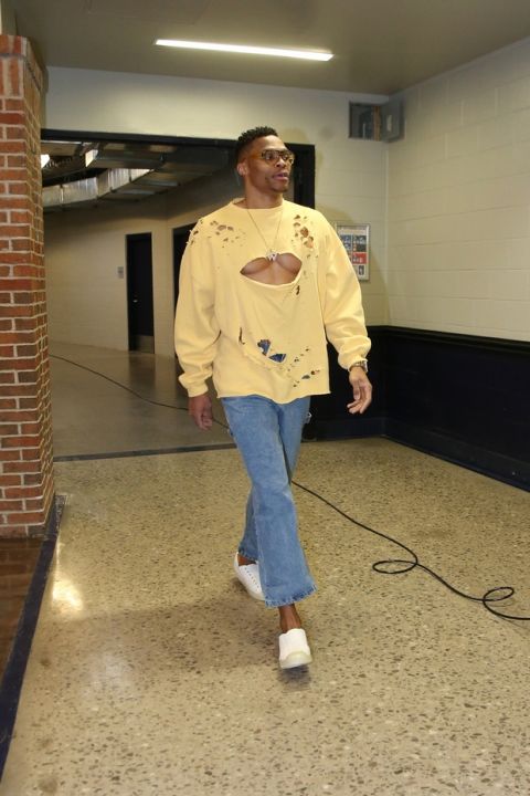 OKLAHOMA CITY, OK- JANUARY 25: Russell Westbrook #0 of the Oklahoma City Thunder arrives to the arena prior to the game against the Washington Wizards on January 25, 2018 at Chesapeake Energy Arena in Oklahoma City, Oklahoma. NOTE TO USER: User expressly acknowledges and agrees that, by downloading and or using this photograph, User is consenting to the terms and conditions of the Getty Images License Agreement. Mandatory Copyright Notice: Copyright 2018 NBAE (Photo by Layne Murdoch Sr./NBAE via Getty Images)