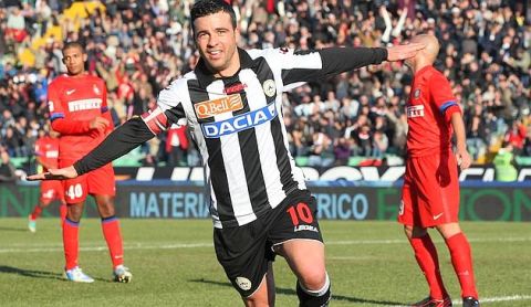 Udinese's Antonio Di Natale celebrates after scoring, during the Serie A soccer match between Udinese and Inter Milan, at the Friuli Stadium in Udine, Italy, Sunday, Jan. 6, 2013. (AP Photo/Paolo Giovannini)