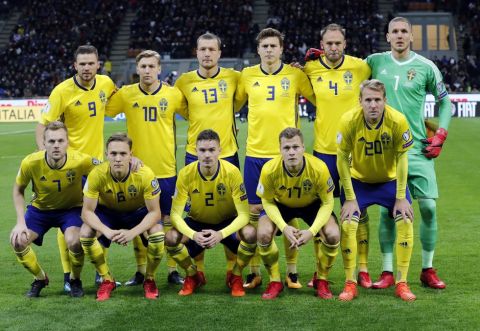 Sweden team poses prior to the World Cup qualifying play-off second leg soccer match between Italy and Sweden, at the Milan San Siro stadium, Italy, Monday, Nov. 13, 2017. (AP Photo/Antonio Calanni)