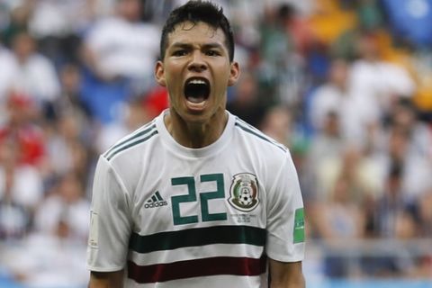 Mexico's Hirving Lozano reacts during the group F match between Mexico and South Korea at the 2018 soccer World Cup in the Rostov Arena in Rostov-on-Don, Russia, Saturday, June 23, 2018. (AP Photo/Eduardo Verdugo)