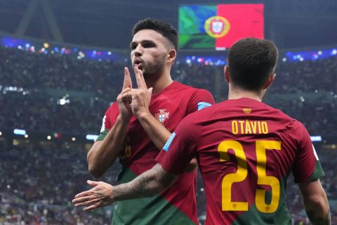 Ο Γκονσάλο Ράμος της Πορτογαλίας πανηγυρίζει γκολ που σημείωσε κόντρα στην Ελβετία για τη φάση των 16 του Παγκοσμίου Κυπέλλου 2022 στο "Λουσαΐλ", Λουσαΐλ | Τρίτη 6 Δεκεμβρίου 2022