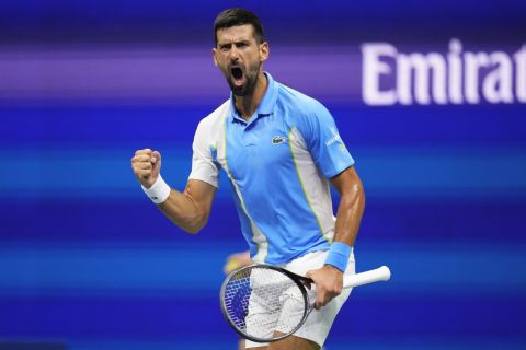 Novak Djokovic, of Serbia, reacts during a match against Ben Shelton, of the United States, during the men's singles semifinals of the U.S. Open tennis championships, Friday, Sept. 8, 2023, in New York. (AP Photo/Frank Franklin II)