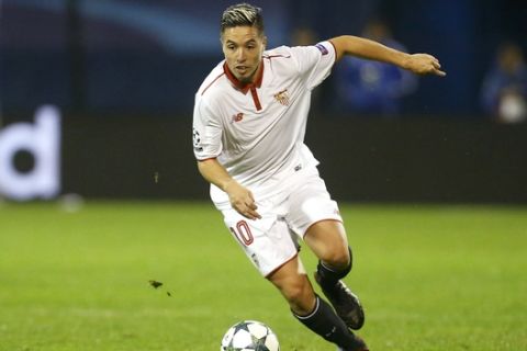 FILE - In this file photo dated Tuesday, Oct. 18, 2016, Sevilla's Samir Nasri controls the ball during the Champions League Group H soccer match between Dinamo Zagreb and Sevilla, at the Maksimir stadium in Zagreb, Croatia. Spanish club Sevilla told The Associated Press Friday Dec. 30, 2016, the national anti-doping agency is looking into reports that midfielder Samir Nasri allegedly recently had intravenous treatment at a Los Angeles clinic. (AP Photo/Darko Bandic, FILE)