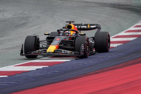 Red Bull driver Max Verstappen of the Netherlands steers his car during the sprint shootout event, at the Red Bull Ring racetrack, in Spielberg, Austria, Saturday, July 1, 2023. The Formula One Austrian Grand Prix will be held on Sunday, July 2, 2023. (AP Photo/Darko Bandic)