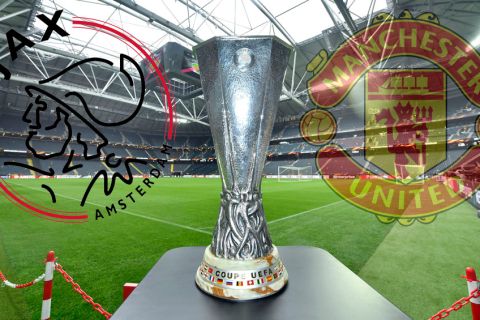 The Europa League trophy is on display on the pitch at the Friends Arena in Stockholm, Sweden, Tuesday, May 23, 2017. Ajax Amsterdam and Manchester United will play the soccer Europa League final in Stockholm on Wednesday, May 24. (AP Photo/Martin Meissner)
