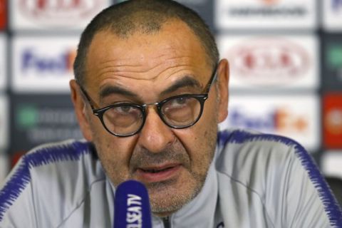 Chelsea manager Maurizio Sarri speaks during a press conference at Cobham Training Centre, Stoke D'Abernon, Wednesday, Nov. 28, 2018. Chelsea play PAOK in an Europa League group stage soccer match on Thursday. (John Walton/PA via AP)