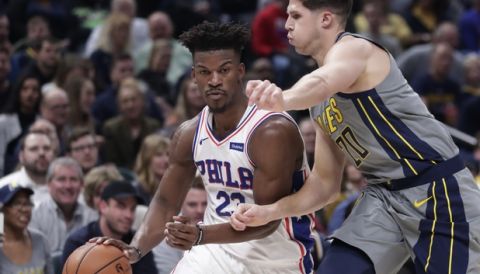 Philadelphia 76ers guard Jimmy Butler (23) drives on Indiana Pacers forward Doug McDermott (20) during the first half of an NBA basketball game in Indianapolis, Thursday, Jan. 17, 2019. (AP Photo/Michael Conroy)
