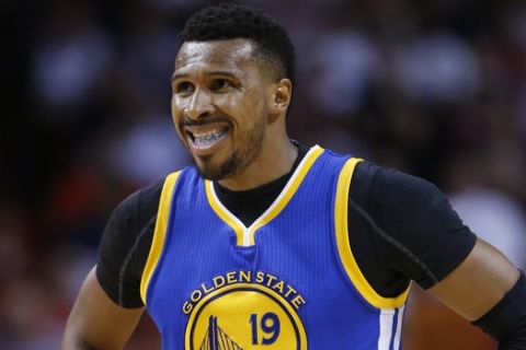 Golden State Warriors guard Leandro Barbosa reacts after a play during the second half of an NBA basketball game against the Miami Heat, Wednesday, Feb. 24, 2016, in Miami. The Warriors defeated the Heat 118-112. (AP Photo/Wilfredo Lee)