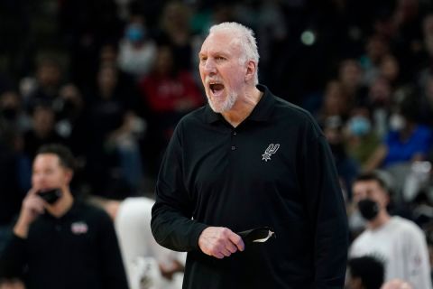 San Antonio Spurs head coach Gregg Popovich reacts to a play during the second half of an NBA basketball game against the Chicago Bulls, Friday, Jan. 28, 2022, in San Antonio. (AP Photo/Eric Gay)