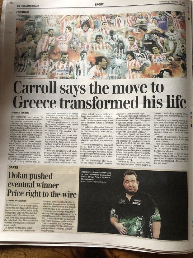 Συνέντευξη του Ρόι Κάρολ στην Fermanagh Herald για τις ποδοσφαιρικές εμπειρίες του στην Ελλάδα