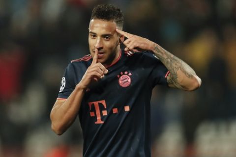 Bayern's Corentin Tolisso celebrates after scoring his side's sixth goal during the Champions League group B soccer match between Red Star and FC Bayern Munich at the Rajko Mitic Stadium, in Belgrade, Serbia, Tuesday, Nov. 26. (AP Photo/Darko Vojinovic)