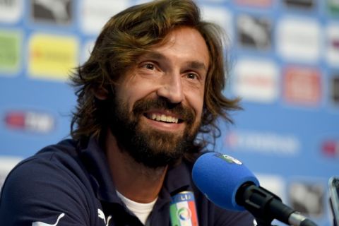 RIO DE JANEIRO, BRAZIL - JUNE 11:  Andrea Pirlo of Italy faces the media during press conference on June 11, 2014 in Rio de Janeiro, Brazil.  (Photo by Claudio Villa/Getty Images)