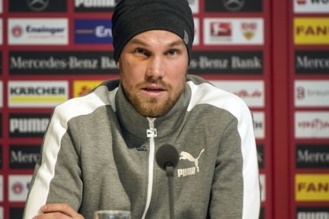 VfB Stuttgart's  Kevin Grosskreutz  attends a press conference in Stuttgart, Germany, Friday March 3, 2017.  World Cup winner Kevin Grosskreutz has parted ways with German second-division side Stuttgart after his involvement in a fight left him hospitalized. Stuttgart says on its website that the 28-year-old right back's contract has been terminated by mutual consent with immediate effect. (Lino Mirgeler/dpa via AP)