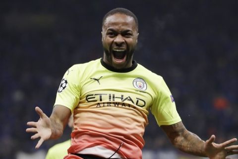 Manchester City's Raheem Sterling celebrates after scoring his side's opening goal during the Champions League group C soccer match between Atalanta and Manchester City at the San Siro stadium in Milan, Italy, Wednesday, Nov. 6, 2019. (AP Photo/Luca Bruno)