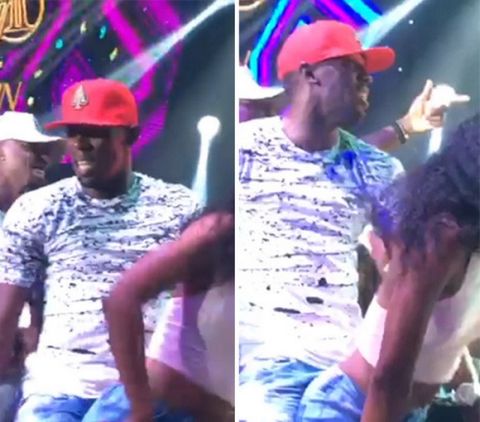 Usain Bolt twerking. 
The Jamaican superstar celebrated his latest haul of 3 gold medals in Rio - and his birthday - by hitting a club and dancing on stage. Although he reportedly has a girlfriend back home he calls his "first lady", he appeared to be enjoying the attention he was getting from one lady. The girl can be seen twerking and grinding on him as he smiles broadly. The runner hit the club All In until 7am, DJing and MCing on stage to the delight of the locals, and reportedly did not go alone. Ref: SPL1337739 210816 EXCLUSIVE Video by: Leo Marinho / Splash News