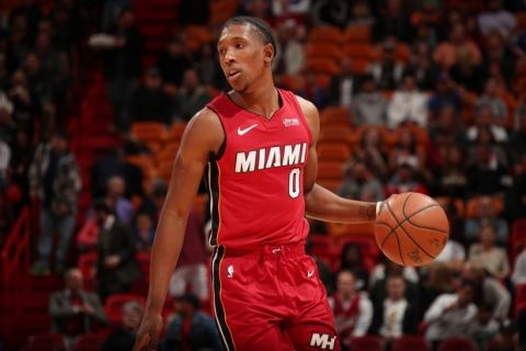 MIAMI, FL - JANUARY 5: Josh Richardson #0 of the Miami Heat dribbles the ball during the game against the New York Knicks on January 5, 2018 at American Airlines Arena in Miami, Florida. NOTE TO USER: User expressly acknowledges and agrees that, by downloading and or using this photograph, user is consenting to the terms and conditions of the Getty Images License Agreement. Mandatory Copyright Notice: Copyright 2018 NBAE (Photo by Issac Baldizon/NBAE via Getty Images)