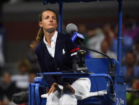 Sep 13, 2015; New York, NY, USA; Eva Asderaki-Moore , the first female chair umpire to work the US Open men's final, is seen on day fourteen of the 2015 U.S. Open tennis tournament before the match between Roger Federer and Novak Djokovic at USTA Billie Jean King National Tennis Center. Mandatory Credit: Robert Deutsch-USA TODAY Sports