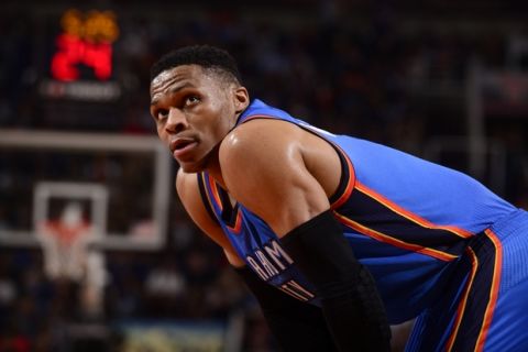 PHOENIX, AZ - APRIL 7: Russell Westbrook #0 of the Oklahoma City Thunder is seen during the game against the Phoenix Suns on April 7, 2017 at Talking Stick Resort Arena in Phoenix, Arizona. NOTE TO USER: User expressly acknowledges and agrees that, by downloading and or using this photograph, user is consenting to the terms and conditions of the Getty Images License Agreement. Mandatory Copyright Notice: Copyright 2017 NBAE (Photo by Barry Gossage/NBAE via Getty Images)