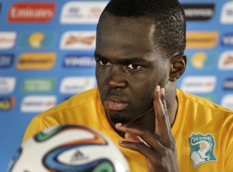 Ivory Coast's Cheick Tiote attends a press conference at the Estadio Nacional in Brasilia, Brazil, Wednesday, June 18, 2014. Ivory Coast plays in group C of the 2014 Brazil soccer World Cup. (AP Photo/Sergei Grits)