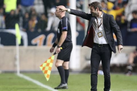 APOEL coach Thomas Christiansen gestures during the Europe League Group B soccer match between APOEL and Young Boys, at the GSP stadium in Nicosia, Cyprus, Thursday, Nov. 3, 2016. (AP Photo/Petros Karadjias)
