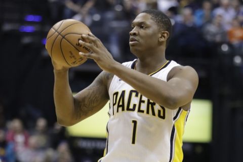 Indiana Pacers' Kevin Seraphin in action during the second half of an NBA basketball game against the Golden State Warriors, Monday, Nov. 21, 2016, in Indianapolis. Golden State defeated Indiana 120-83. (AP Photo/Darron Cummings)