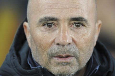 Sevilla's head coach Jorge Sampaoli ahead of the Champions League, Round 16, Second Leg, soccer match between Leicester City and Sevilla at King Power Stadium, Leicester, England, Tuesday, March 14, 2017. (AP Photo/Rui Vieira)