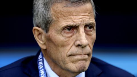 Uruguay head coach Oscar Tabarez stands prior to the start of he group A match between Egypt and Uruguay at the 2018 soccer World Cup in the Yekaterinburg Arena in Yekaterinburg, Russia, Friday, June 15, 2018. (AP Photo/Natacha Pisarenko)