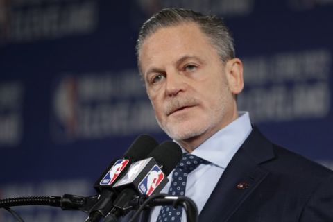 Cavaliers chairman Dan Gilbert speaks at news conference announcing the 2022 NBA All -Star game, Thursday, Nov. 1, 2018, in Cleveland. The 71st NBA All-Star game will take place at Quicken Loans Arena. The Cavaliers previously hosted the NBA All-Star game in 1997, when the NBA celebrated its 50th anniversary, and in 1981. (AP Photo/Tony Dejak)