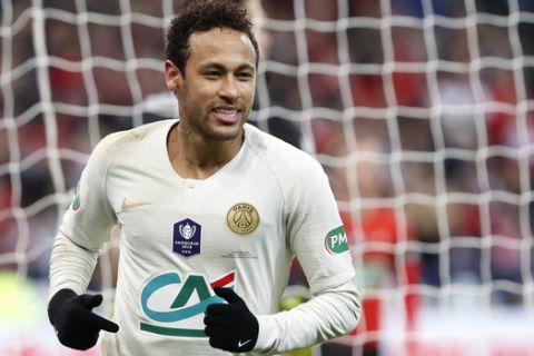 PSG's Neymar runs during the French Cup soccer final between Rennes and Paris Saint Germain at the Stade de France stadium in Saint-Denis, outside Paris, France, Saturday, April 27, 2019. (AP Photo/Thibault Camus)