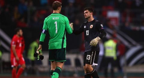 NUREMBERG, GERMANY - NOVEMBER 14: Goalkeepers Manuel Neuer (L) of Germany and Jamie Robba of Gibraltar shake hands after the EURO 2016 Qualifier between Germany and Gibraltar and Grundig-Stadion on November 14, 2014 in Nuremberg, Germany.  (Photo by Alex Grimm/Bongarts/Getty Images)