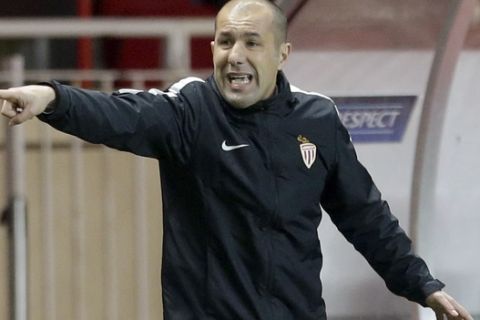 Monaco's head coach Leonardo Jardim directs his players during a Champions League round of 16 second leg soccer match between Monaco and Manchester City at the Louis II stadium in Monaco, Wednesday March 15, 2017. Midfielder Tiemoue Bakayoko's thumping header sent Monaco through to the Champions League quarterfinals as the home side beat Manchester City 3-1 on Wednesday to progress on the away goals rule in another pulsating match between two attack-minded sides. (AP Photo/Claude Paris)