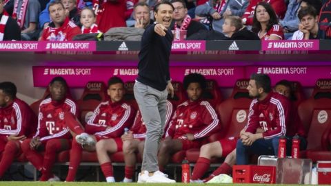 Munich's head coach Niko Kovac gestures at the side lines during the German Bundesliga soccer match between FC Bayern Munich and 1. FC Union Berlin in Munich, Saturday, Oct. 26, 2019. (Sven Hoppe/dpa via AP)