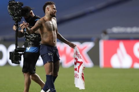 PSG's Neymar after swapping his shirt at the end of the Champions League semifinal soccer match between RB Leipzig and Paris Saint-Germain at the Luz stadium in Lisbon, Portugal, Tuesday, Aug. 18, 2020. PSG won the match 3-0. (AP Photo/Manu Fernandez)