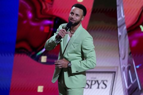 Host Stephen Curry, NBA player with the Golden State Warriors speaks at the ESPY Awards on Wednesday, July 20, 2022, at the Dolby Theatre in Los Angeles. (AP Photo/Mark Terrill)