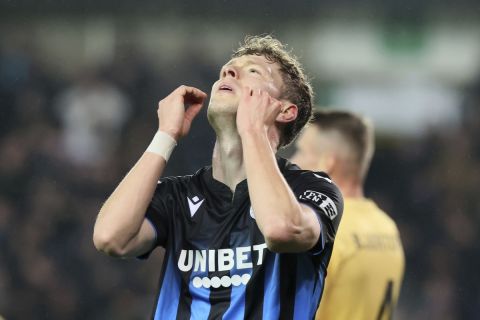 Brugge's Andreas Skov Olsen reacts after missing a chance to score a goal during the Europa Conference League Group D soccer match between Club Brugge and Bodo/Glimt at the Jan Breydel Stadium in Bruges, Belgium, Thursday, Dec. 14, 2023. (AP Photo/Francois Walschaerts)