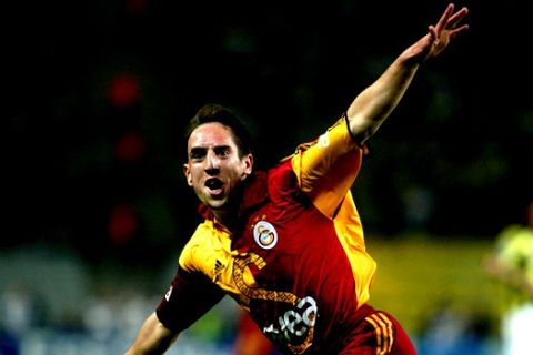 Galatasaray's French player Frank Ribery celebrates after he scored a goal against Fenerbahce at Ataturk Olympic Stadium in Istanbul, Turkey, Wednesday, May 11, 2005, during the Turkish Cup Final between Galatasaray and Fenerbahce. (AP Photo/Osman Orsal)