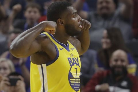 Golden State Warriors forward Eric Paschall (7) against the Charlotte Hornets during an NBA basketball game in San Francisco, Saturday, Nov. 2, 2019. (AP Photo/Jeff Chiu)