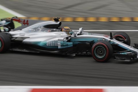 Mercedes driver Lewis Hamilton of Britain steers his car during the first free practice for Sunday's Italian Formula One Grand Prix, at the Monza racetrack, Italy, Friday, Sept.1, 2017. (AP Photo/Luca Bruno)