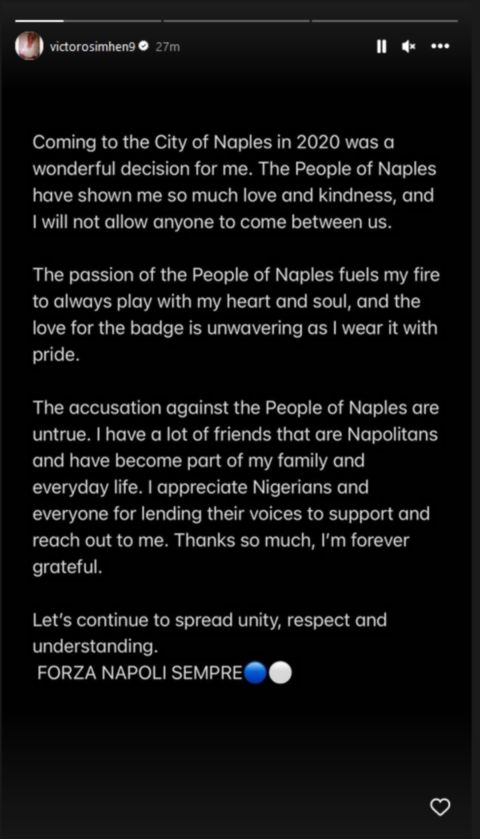 Νάπολι: Ο Όσιμεν έστειλε μήνυμα ενότητας μέσω Instagram