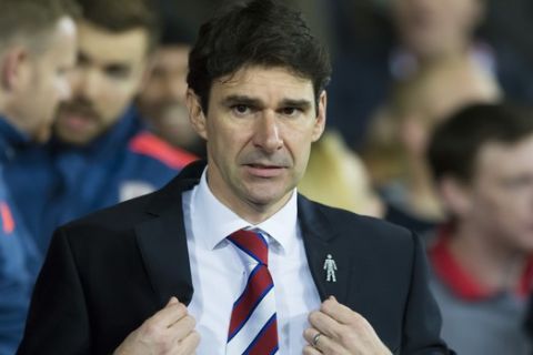 Middlesbrough manager Aitor Karanka takes to the touchline before the English League Cup soccer match berween Manchester United and Middlesbrough at Old Trafford Stadium, Manchester, England, Wednesday Oct. 28, 2015. (AP Photo/Jon Super)  