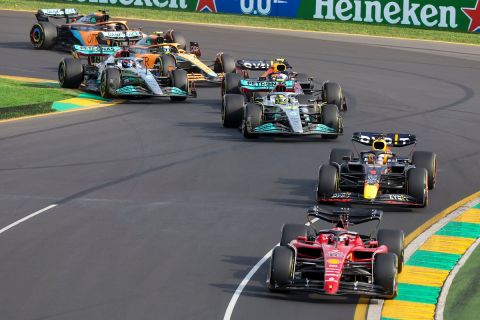 Ferrari driver Charles Leclerc of Monaco leads the field into turn two after the start of the Australian Formula One Grand Prix in Melbourne, Australia, Sunday, April 10, 2022. (AP Photo/Asanka Brendon Ratnayake)