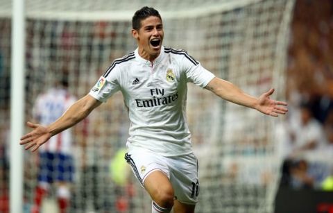 James Rodriguez of Real Madrid celebrates after scoring during the 2014 Spain Super Cup football match 1st leg between Real Madrid and Atletico Madrid on August 19, 2014 at Bernabeu stadium in Madrid, Spain. Photo Manuel Blondeau / AOP Press / DPPI