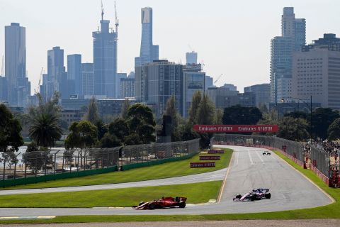 FILE - In this March 16, 2019, file photo, Formula One cars race on the circuit during the final practice session for the Australian Grand Prix in Melbourne, Australia. The 2021 Australian Grand Prix has been canceled after local organizers and Formula One couldn't come up with a compromise over Australia's strict travel and quarantine issues relating to the COVID-19 pandemic. (AP Photo/Andy Brownbill, File)