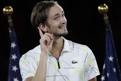 Daniil Medvedev, of Russia, reacts whiles answering questions after losing to Rafael Nadal, of Spain, in the men's singles final of the U.S. Open tennis championships Sunday, Sept. 8, 2019, in New York. (AP Photo/Adam Hunger)