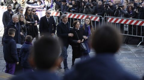 Relatives arrive for the funeral ceremony of Italian player Davide Astori in Florence, Italy, Thursday, March 8, 2018. The 31-year-old Astori was found dead in his hotel room on Sunday after a suspected cardiac arrest before his team was set to play an Italian league match at Udinese. (AP Photo/Alessandra Tarantino)