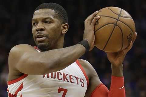 Houston Rockets guard Joe Johnson during the first quarter of an NBA basketball game against the Sacramento Kings, Wednesday, April 11, 2018, in Sacramento, Calif. The Kings won 96-83. (AP Photo/Rich Pedroncelli)
